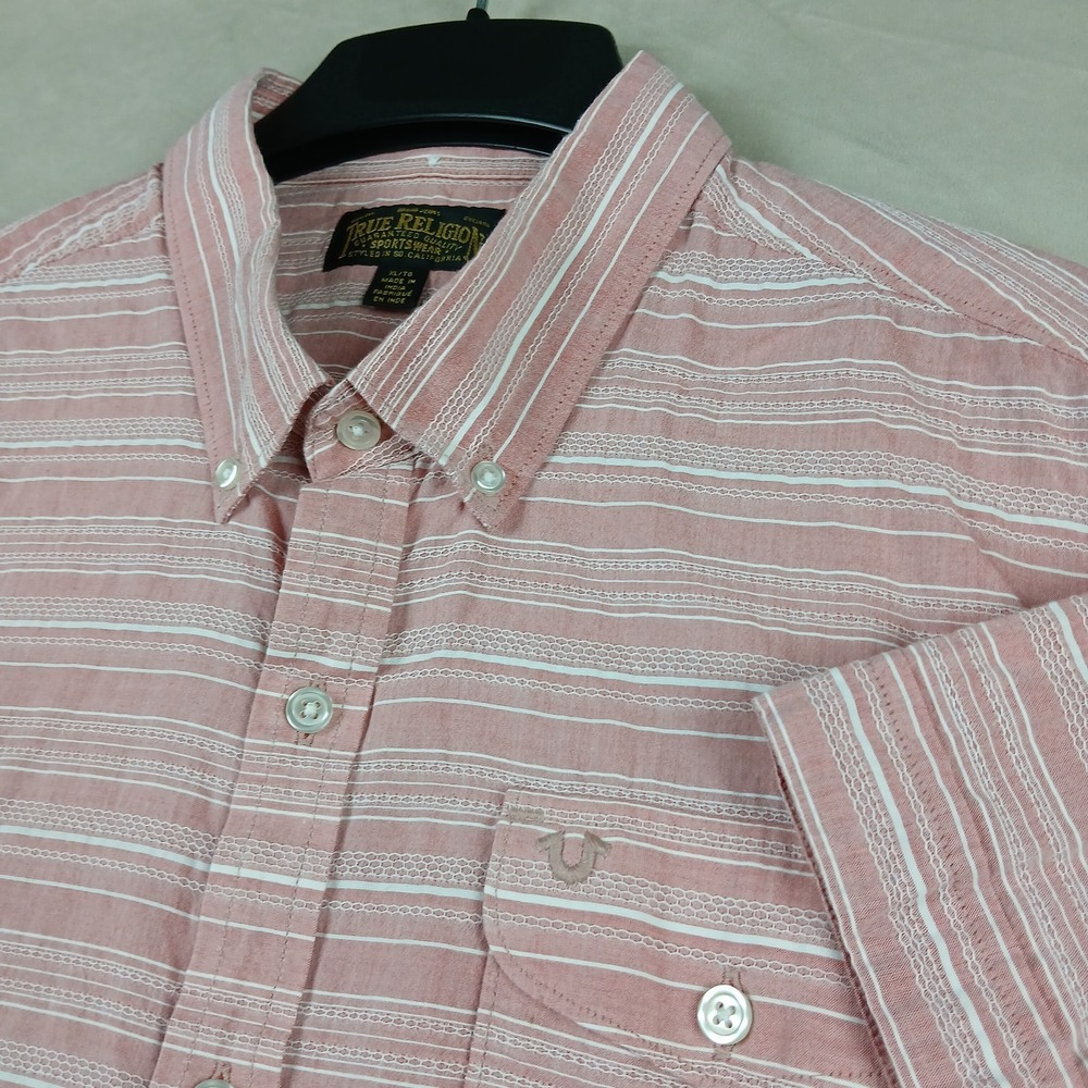 True Religion XL Mens Shirt Button Down Short Sleeve Pink 23x26 **Fits A Large *